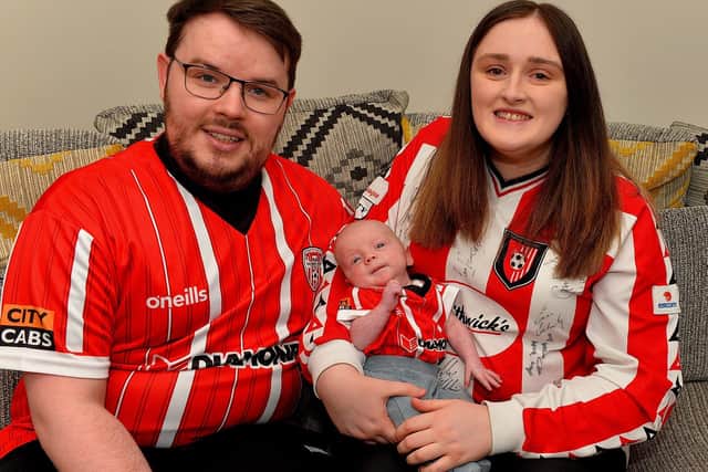 Local couple Shaun McGrath and Caoimhe McCallion have named their 10 weeks old baby boy Jamie Mark McCallion after Derry City striker Jamie McGonigle. Photo: George Sweeney. DER2307GS – 49