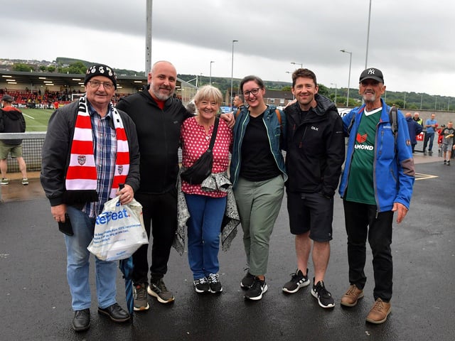 Visitors from England with Derry City fan at the Brandywell Stadium for the game against Cork City on Friday evening. Photograph: George Sweeney. DER2325GS – 86
