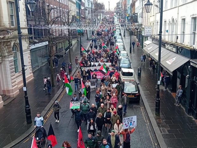 Thousands participate in Derry rally for Palestine calling for a ceasefire in Gaza on January 13, 2024