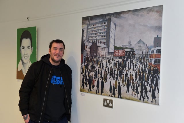 Artist Square Bear pictured at the launch of his exhibition ‘Injustice’ at the Eden Arts Centre on Monday evening last. The exhibition commemorating the 51st anniversary of Bloody Sunday runs until 1st February next.  Photo: George Sweeney. DER2305GS – 73