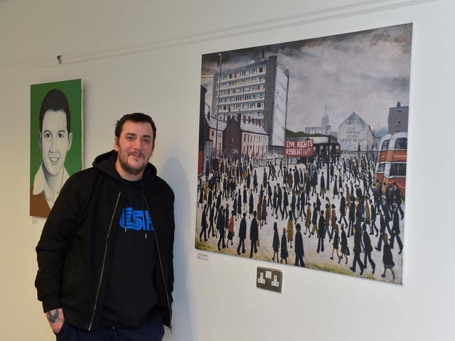 Artist Square Bear pictured at the launch of his exhibition ‘Injustice’ at the Eden Arts Centre on Monday evening last. The exhibition commemorating the 51st anniversary of Bloody Sunday runs until 1st February next.  Photo: George Sweeney. DER2305GS – 73