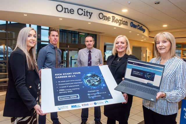 Caption: Pictured at the launch of Kickstart Your Career in I.T. are: Clare McLaughlin, Business Development Executive, Thomas Moore, Curriculum Manager, NWRC, Kevin McLaughlin, Lecturer I.T. Sinead Hawkins, Business Skills Manager, NWRC, and Eileen McGrinder, Skills Officer at Derry City and Strabane District Council. (Pic Martin McKeown)