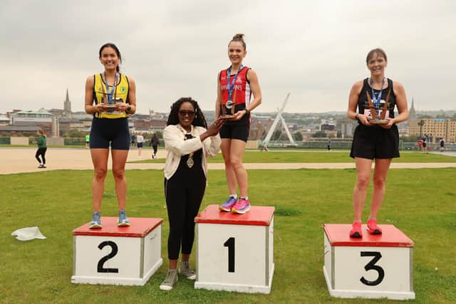 The Mayor with the Womens winners at the 2024 Waterside Half Marathon.