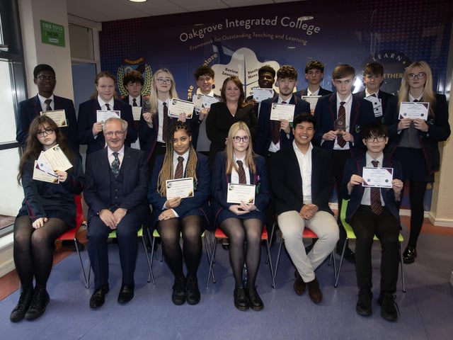 Oakgrove Integrated College Year 11 curriculum prizewinners pictured with Mr John Harkin, Principal and Ramel Abdon Flores, Causeway Empowerment Programme, Past Pupil and guest speaker.