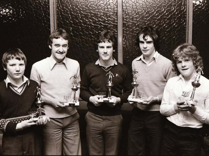 The award winners of the 'Footballer of the Year' from left David Deery, Athletic FC (under-11 winner), George Lafferty, Tristar FC (under-17 winner), Ronnie Moran, Trojans FC and Martin McDaid, Tristar FC (joint under 15 winners) and John Cunningham, Oxford FC (under-13 winners) at the D&D youth FA awards.