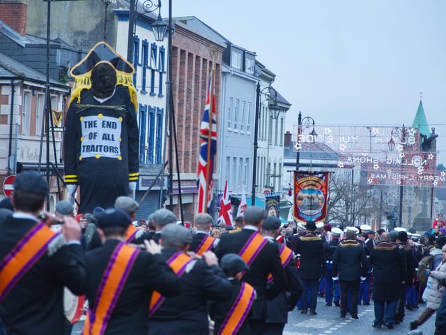 'Lundy the traitor' before the dummy was set on fire in Bishop Street on Saturday.
