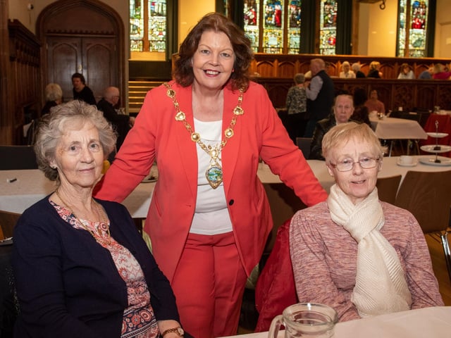 The Mayor Councillor Patricia Logue has hosted the monthly Mayor’s Tea Dance in the Guildhall included are, Frances Donaghy and Patricia Quinn . Picture Martin McKeown. 07.02.24