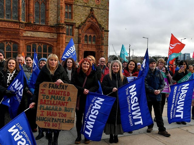 Teachers' unions members and supporters hold a strike rally in Guildhall Square on Tuesday morning. Photo: George Sweeney. DER2308GS 71