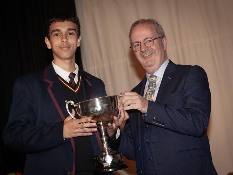 Mr. John Harkin, Principal, Oakgrove Integrated College presenting senior prizes to students.
