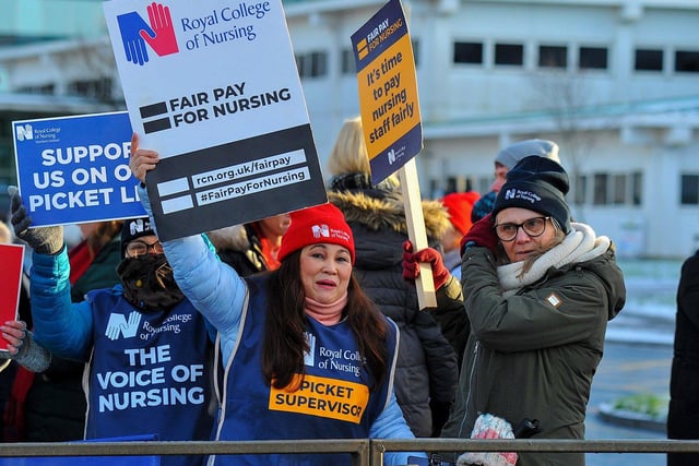 Royal College of Nurses members, campaigning for fair pay and conditions, take part in industrial action at Altnagelvin Hospital on Thursday morning.  Photo: George Sweeney. DER2250GS - 43