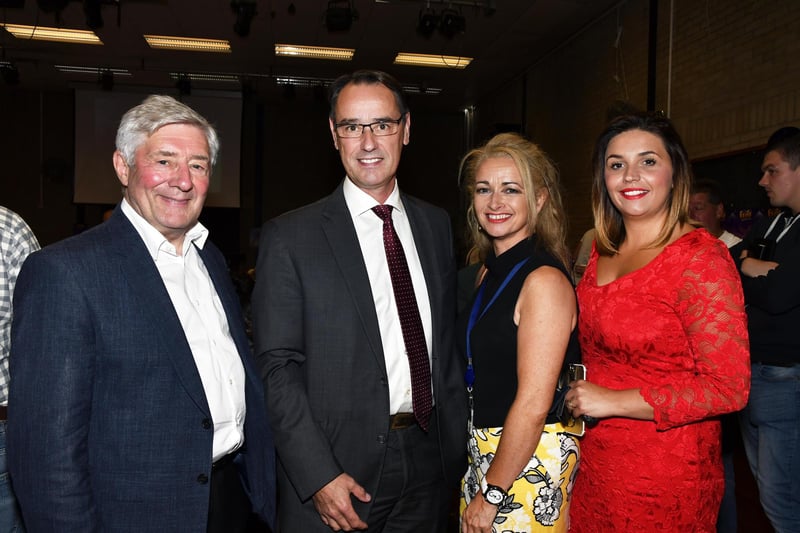 The late Tony Lloyd MP with Mark Browne, Deputy Permanent Secretary, Maureen Fox, Urban Villages Initiative, and the then Elisha McCallion MP, at the launch of Féile 2018 in Pilots Row. DER3018-122KM