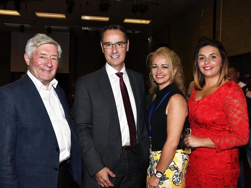 The late Tony Lloyd MP with Mark Browne, Deputy Permanent Secretary, Maureen Fox, Urban Villages Initiative, and the then Elisha McCallion MP, at the launch of Féile 2018 in Pilots Row. DER3018-122KM