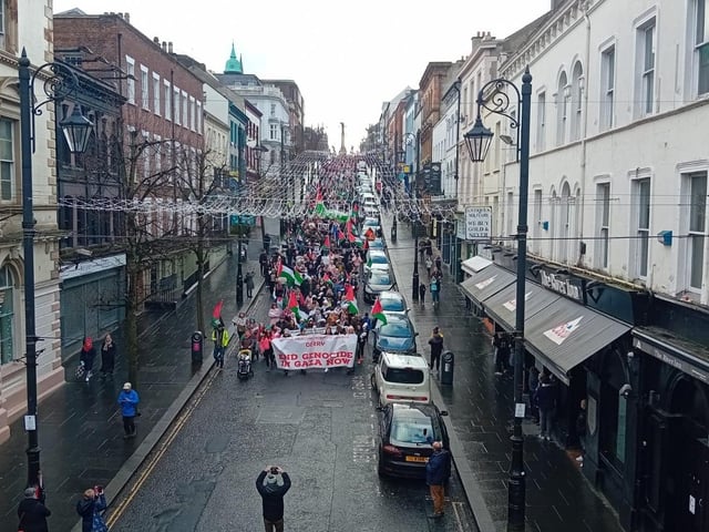 Thousands participate in Derry rally for Palestine calling for a ceasefire in Gaza on January 13, 2024