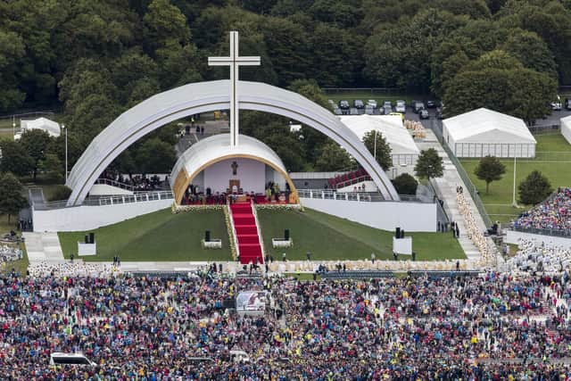 DUBLIN, IRELAND - AUGUST 26: An aerial view of the crowd at Phoenix Park as Pope Francis attends the closing Mass at the World Meeting of Families, as part of his visit to Ireland, on August 26, 2018 in Dublin, Ireland. A congregation of approximately 500,000 people have gathered in Phoenix Park for the Closing Mass of the visit of Pope Francis to Ireland, centred on the Papal Cross in Phoenix Park, which was the site of the historic 1979 Papal Mass. Pope Francis is the 266th Catholic Pope and current sovereign of the Vatican. His visit, the first by a Pope since John Paul II's in 1979, is expected to attract hundreds of thousands of Catholics to a series of events in Dublin and Knock. During his visit he will have private meetings with victims of sexual abuse by Catholic clergy. (Photo by Liam McBurney-Pool/Getty Images)