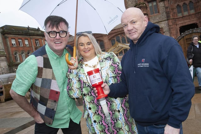 Radio Foyle’s Mark Patterson showing his support for the Mayor’s 24 hour busking event at Guildhall Square on Saturday morning. On right is Liam McLaughlin, First Housing Aid and Support Services.