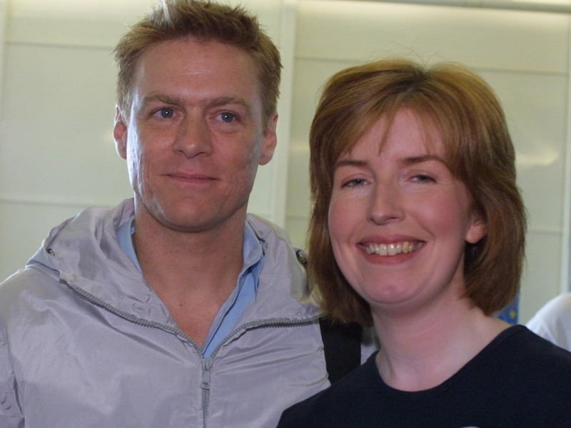 Mary Callaghan of Kilfennan pictured with Rock star Bryan Adams when he arrived in Derry yesterday afternoon.(2408Jb10)