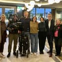 Mickela Mallozzi, host of US travel show ‘Bare Feet with Mickela Mallozzi’ (fourth right), with chef Noel McMeel (third right), during filming for a food segment in the Ebrington Hotel; also pictured is Ruth Moran, Tourism Ireland (second right).