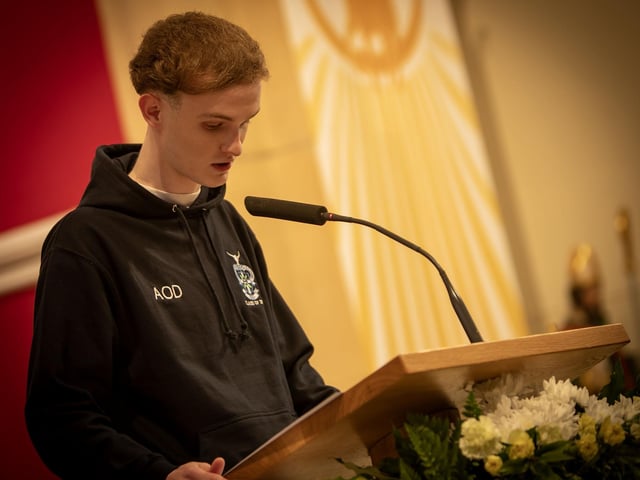 Head Boy Aaron O'Doherty addressing the attendance at Thursday's Valedictory Mass in St. Patrick's Church, Pennyburn. : .
