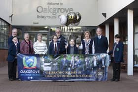 OAKGROVE CELEBRATE 30th. . . .Group pictured on Friday last at the launch of the Oakgrove Integrated College’s 30th Anniversary Celebrations. Included from left are John Harkin, Acting Principal, Anne Murray, Chair of Board Governors, Anne Montgomery, Jimmy Laverty, Niamh Doherty, School Business Manager, and Colm Cavanagh.  The founding Governors joined with students to celebrate the launch of a year of activities to mark 30 years of Oakgrove Integrated College. (Photo: Jim McCafferty Photography)