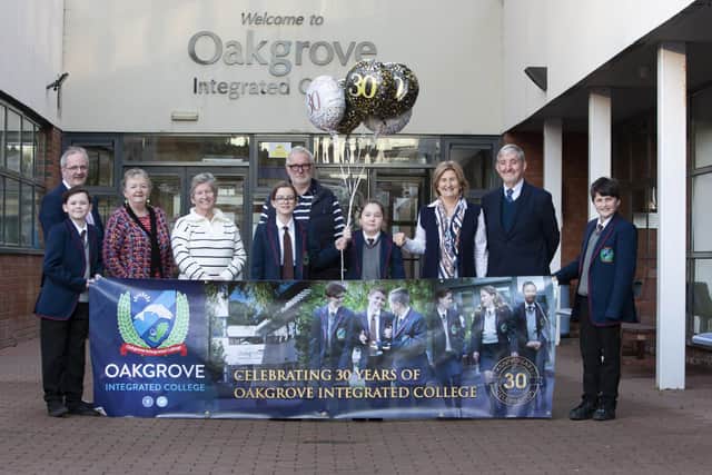 OAKGROVE CELEBRATE 30th. . . .Group pictured on Friday last at the launch of the Oakgrove Integrated College’s 30th Anniversary Celebrations. Included from left are John Harkin, Acting Principal, Anne Murray, Chair of Board Governors, Anne Montgomery, Jimmy Laverty, Niamh Doherty, School Business Manager, and Colm Cavanagh.  The founding Governors joined with students to celebrate the launch of a year of activities to mark 30 years of Oakgrove Integrated College. (Photo: Jim McCafferty Photography)