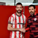 Derry City's new signing Robbie Benson with manager Tiernan Lynch. Photo by Kevin Morrison.