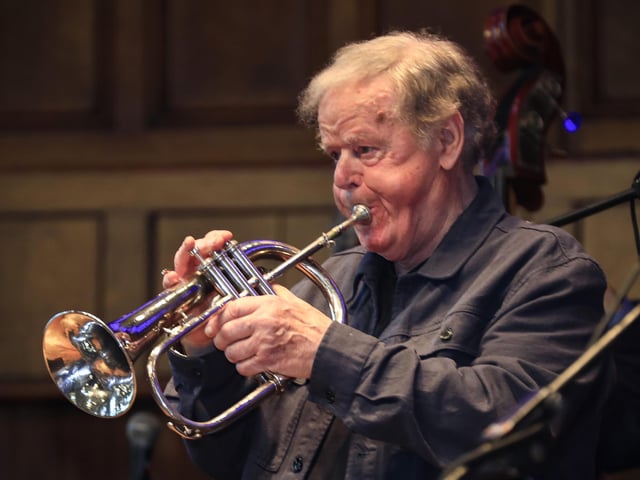 Jazz legend George Hasson on stage at the Classic Jazz “The Live Launch” held in the Guildhall, yesterday. (Photo - Tom Heaney, nwpresspics)