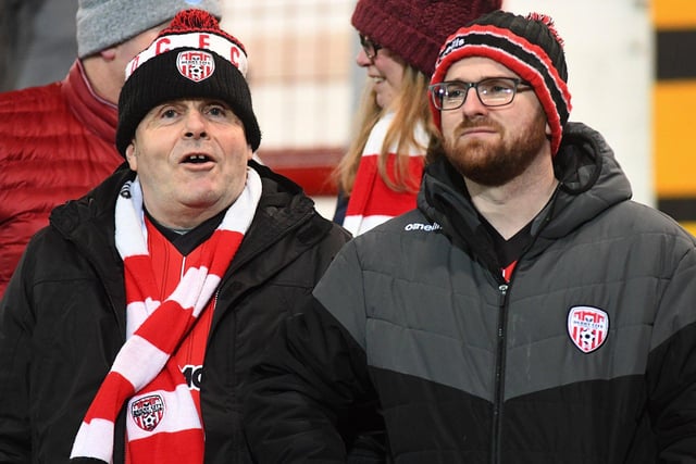 Derry City fans at the Presidents Cup final at Brandywell on Friday evening. Photo: George Sweeney. DER2307GS – 74
