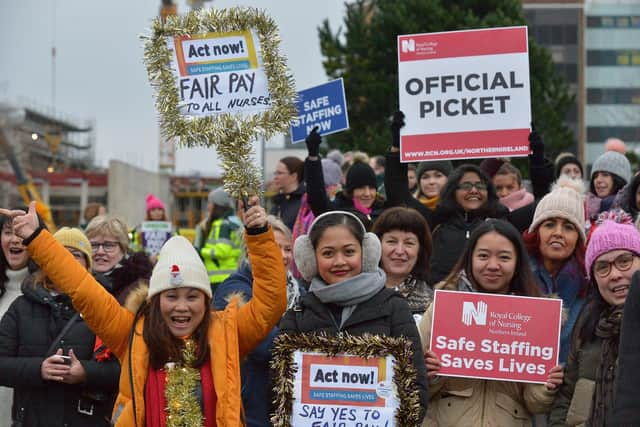 December 2019: Nurses from the Royal College of Nursing union strike at Altnagelvin Hospital three years ago this week. DER5119GS - 004