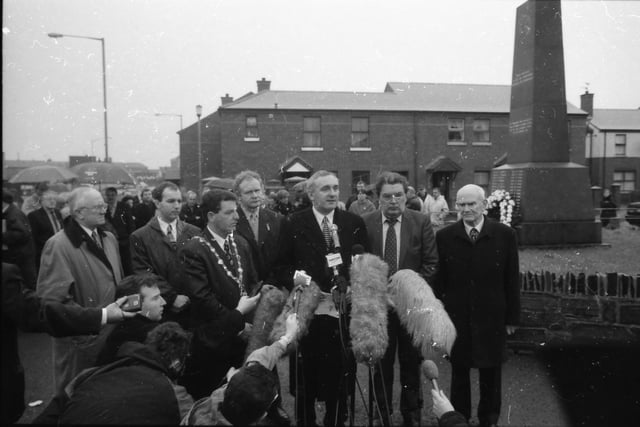 From left, Pat 'The Cope' Gallagher, Tony Doherty, Mayor, Martin Bradley, Martin McGuinness, Bertie Ahern, John Hume and Paddy McGowan.