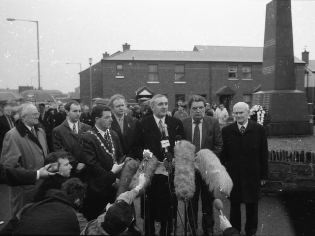 From left, Pat 'The Cope' Gallagher, Tony Doherty, Mayor, Martin Bradley, Martin McGuinness, Bertie Ahern, John Hume and Paddy McGowan.