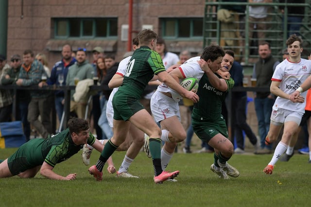 Connacht players converge on Ulster’s Killene Thornton . Photo: George Sweeney