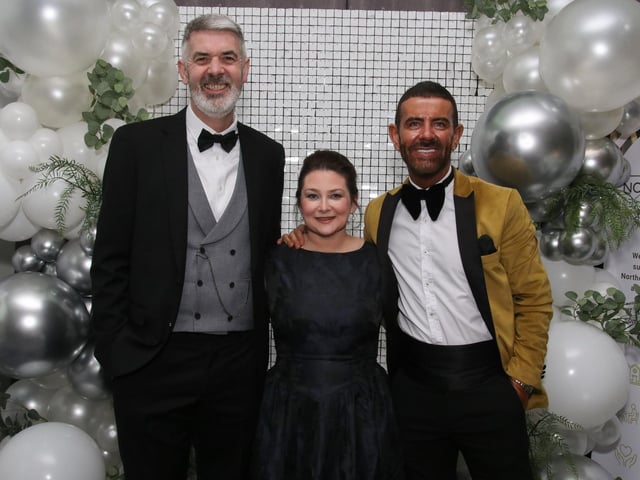 Laura O’Neill, Communications Manager pictured with, on left, Tommy Canning, Head of Treatment and Mickey Doherty, Fundraiser at Northland’s 50th Anniversary Gala Dinner held in The Everglades Hotel.  (Photo - Deirdre Heaney, nwpresspics)