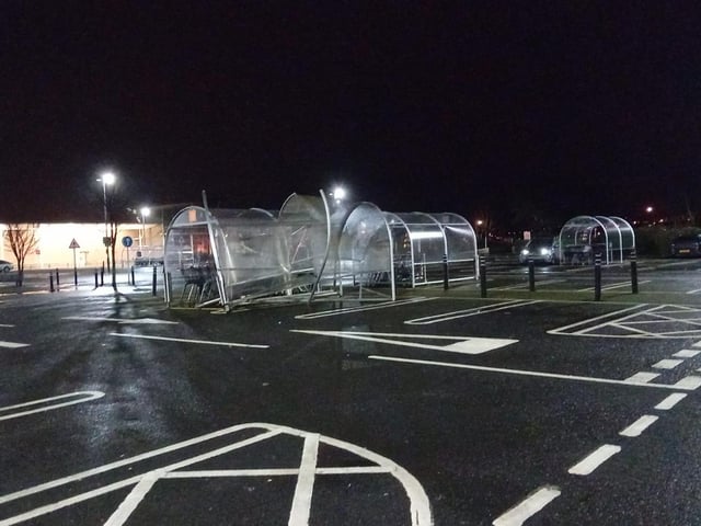 A damaged trolley canopy in Sainsbury’s supermarket.
