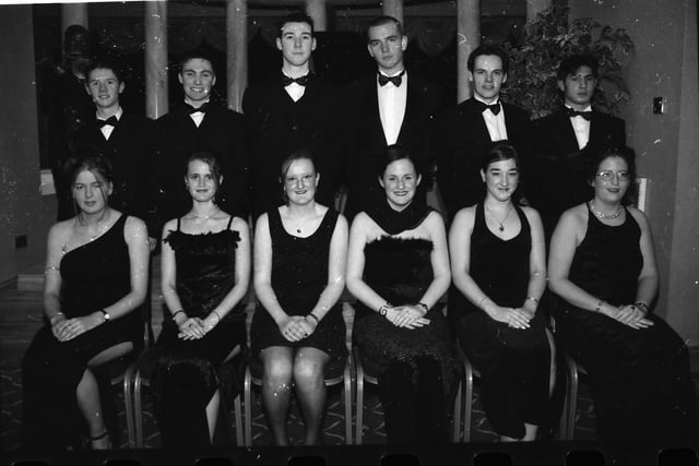 Seated, from left, Lisa Feeney, Carrie McCauley, Karen Kerr, Meghan McLaughlin, Ciara Curran and Melissa McCafferty. Standing, from left, Jonathan Heaney, Chris Abel, Declan Sharkey, Gerard McDaid, Ben Gallagher and Ravi Sumra. Pictured at the Thornhill College Formal.