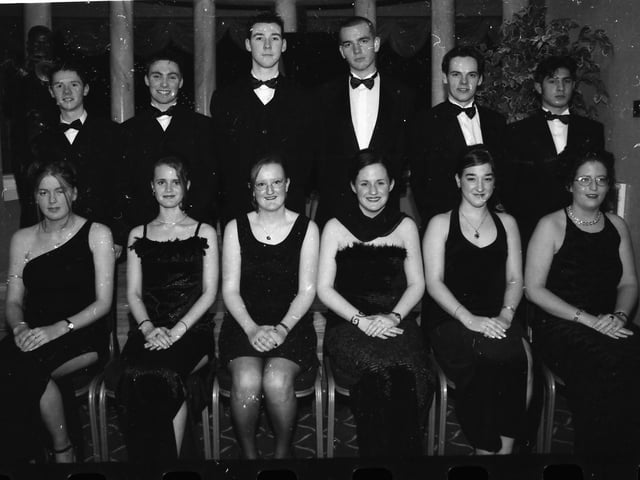 Seated, from left, Lisa Feeney, Carrie McCauley, Karen Kerr, Meghan McLaughlin, Ciara Curran and Melissa McCafferty. Standing, from left, Jonathan Heaney, Chris Abel, Declan Sharkey, Gerard McDaid, Ben Gallagher and Ravi Sumra. Pictured at the Thornhill College Formal.