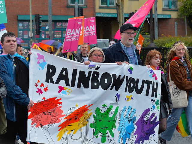 The 2024 Foyle Pride Parade on Craigavon Bridge. Photo: George Sweeney