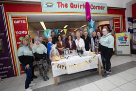 FIRST BIRTHDAY CELEBRATIONS!. . . .The Mayor, Patricia Logue pictured at Hurt's 'The Quirky Corner' Charity Shop, Quayside to help them celebrate their first birthday. Included is Sadie O'Reilly, founder, Vivienne O'Reilly, manager, Hurt staff and volunteers. (Photos: Jim McCafferty Photography)