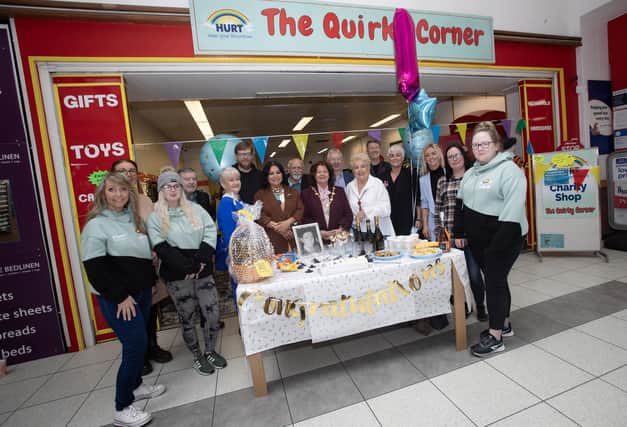 FIRST BIRTHDAY CELEBRATIONS!. . . .The Mayor, Patricia Logue pictured at Hurt's 'The Quirky Corner' Charity Shop, Quayside to help them celebrate their first birthday. Included is Sadie O'Reilly, founder, Vivienne O'Reilly, manager, Hurt staff and volunteers. (Photos: Jim McCafferty Photography)