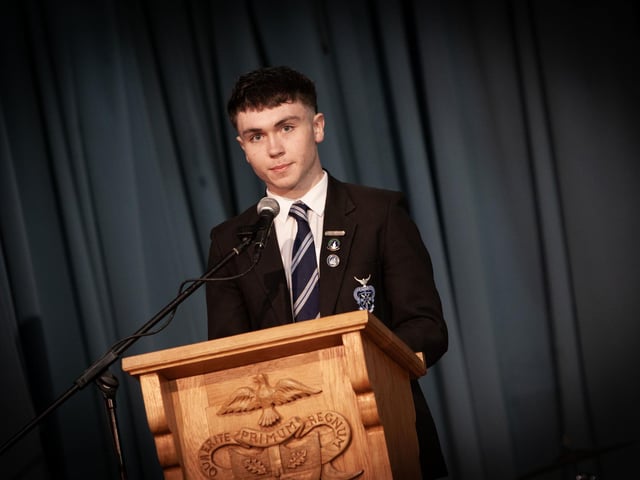 St. Columb's College Head Boy Somhairle McFadden addressing the attendance at Saturday's Open Day. : .