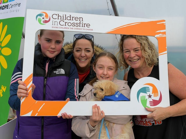 Geraldine Mullan, right, pictured at the Mullan Hope Centre, Moville prior to the Tomás memorial 5k fun walk / run with friends Katie-May Friel, Aisling Friel, Cassie Healy and Oscar Healy from Drumkeen . Photo: George Sweeney