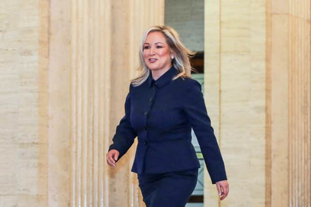 Northern Ireland's First Minster designate, Sinn Fein's Michelle O'Neill, arrives at Parliament Buildings, the seat of the Northern Ireland Assembly, in Stormont on February 3, 2024. O'Neill becomes the first nationalist leader of Northern Ireland's government, when the assembly returns following a two-year boycott by the biggest pro-UK party. (Photo by Paul Faith / AFP) (Photo by PAUL FAITH/AFP via Getty Images)