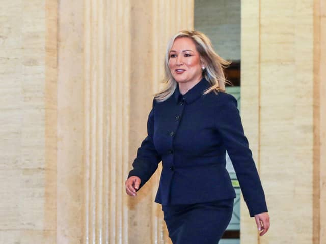 Northern Ireland's First Minster designate, Sinn Fein's Michelle O'Neill, arrives at Parliament Buildings, the seat of the Northern Ireland Assembly, in Stormont on February 3, 2024. O'Neill becomes the first nationalist leader of Northern Ireland's government, when the assembly returns following a two-year boycott by the biggest pro-UK party. (Photo by Paul Faith / AFP) (Photo by PAUL FAITH/AFP via Getty Images)