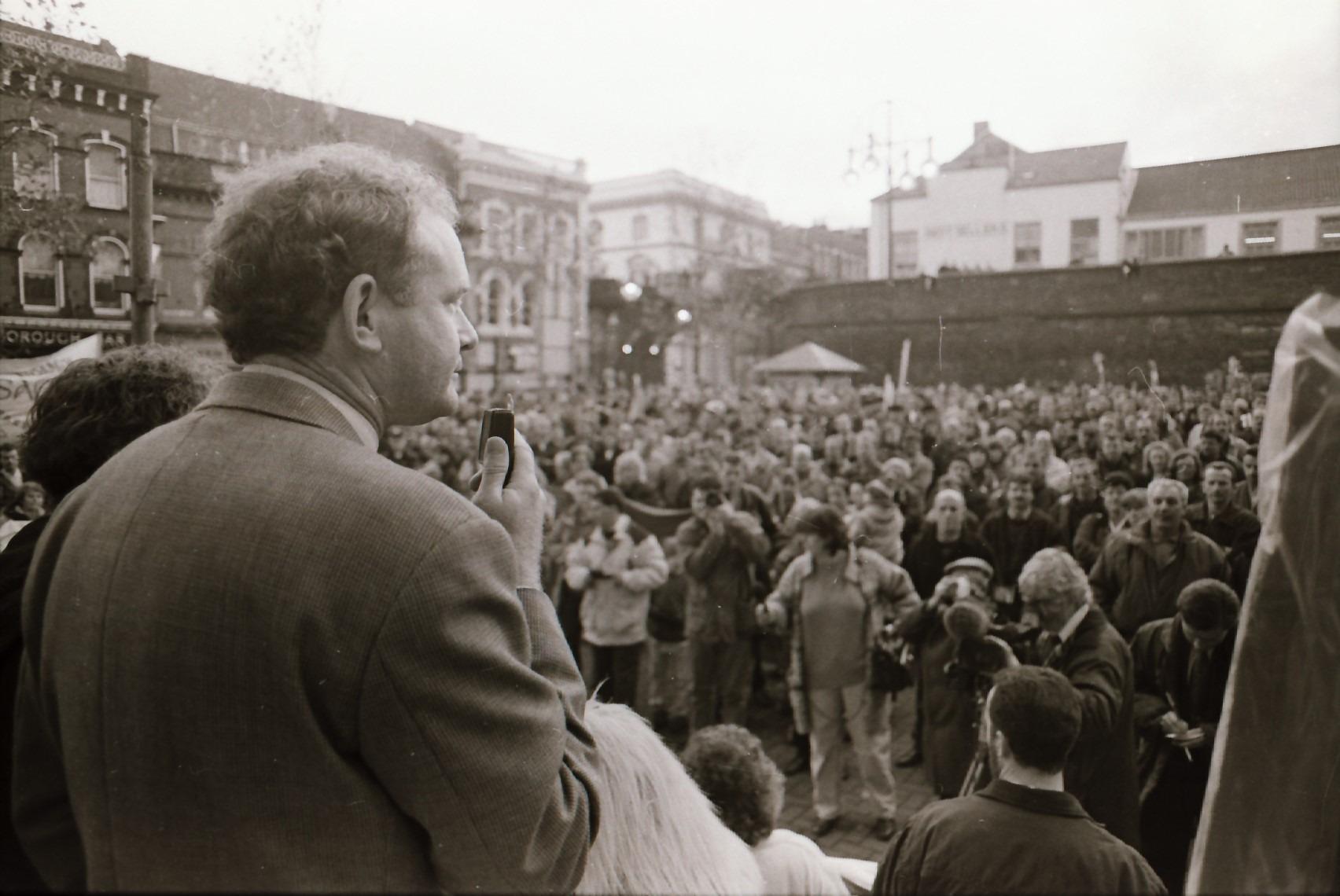 Martin McGuinness addressing a SInn Féin Peace Rally in Guildhall Square.