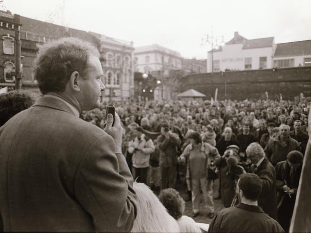 Martin McGuinness addressing a SInn Féin Peace Rally in Guildhall Square.