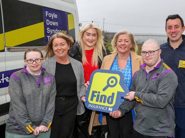 Find Insurance NI has been named a finalist for the Aviva Broker Community Fund 2025, recognising its dedication to empowering young people with Down syndrome through financial literacy. Pictured: Elaine McGilligan, Nicole Harkin, and Teresa Dickson from Find Insurance NI; Kathy Coyle and Declan Feeney from the Foyle Down Syndrome Trust (FDST); and Connor McGilloway, FDST staff member.