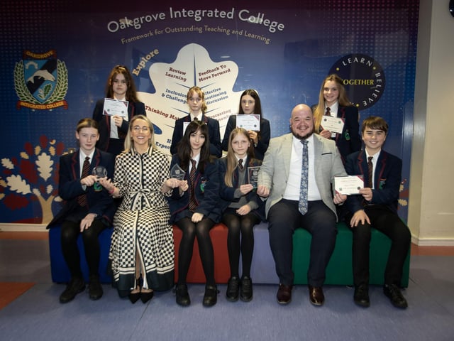 Mrs. Kellie-Marie Martin, Vice-Principal and Mr. Kerrigan, former Head of Year 9, music teacher presenting awards to students at the recent Oakgrove Integrated College Junior Prizegiving. (Photos: jIm McCafferty Photography)