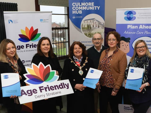 Mayor Patricia Logue at the launch of Plan Ahead Week, held in Culmore Community Hub. Included from left are Sharon Williams, Compassionate Communities NI, Ciara Burke, DCSDC Age Friendly officer, Martin McDaid, guest speaker, Una Cooper, manager Culmore Community Hub, and Sharon Tosh, Compassionate Communities NI.