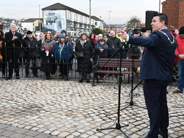 The Mayor, Councillor Ruairi McHugh speaking during the Bloody Sunday Memorial Service on Friday.