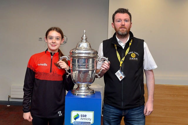 Derry City fans Kayla Coyle and Damien Dazell pictured with the FAI Cup at the Ryan McBride Brandywell Stadium on Thursday evening last.
