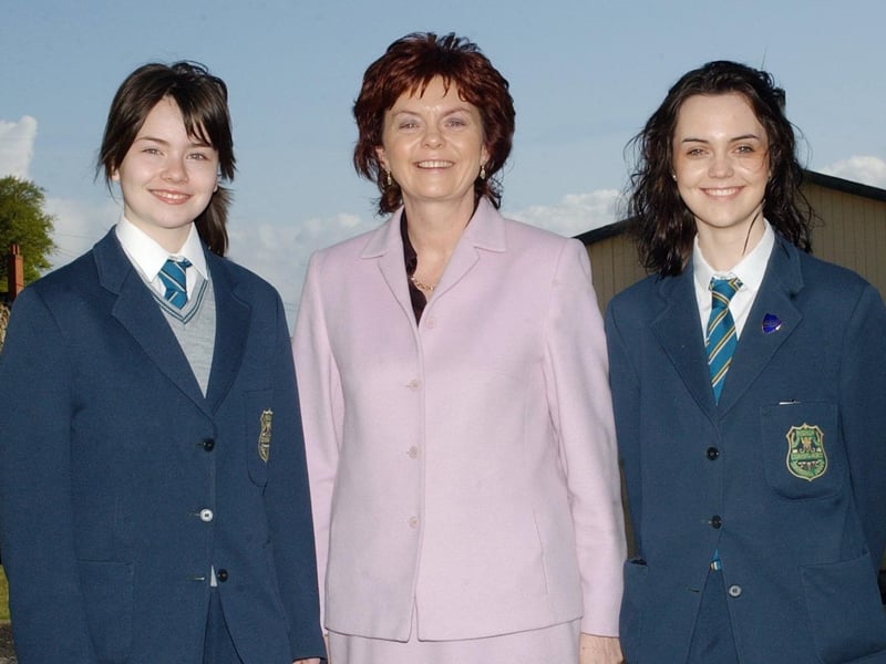 Mrs Siobhan McAteer, vice-principal, Thornhill College, with pupils Mairead Carlin, left, who has been invited to sing at the Waterfront in Belfast  at the Best Female Singer from a school
show in Northern Ireland, and Laura Sheerin, who has been selected for the German Pupil Course 2003 in Braunschweig, by the British Council. (1305C05).